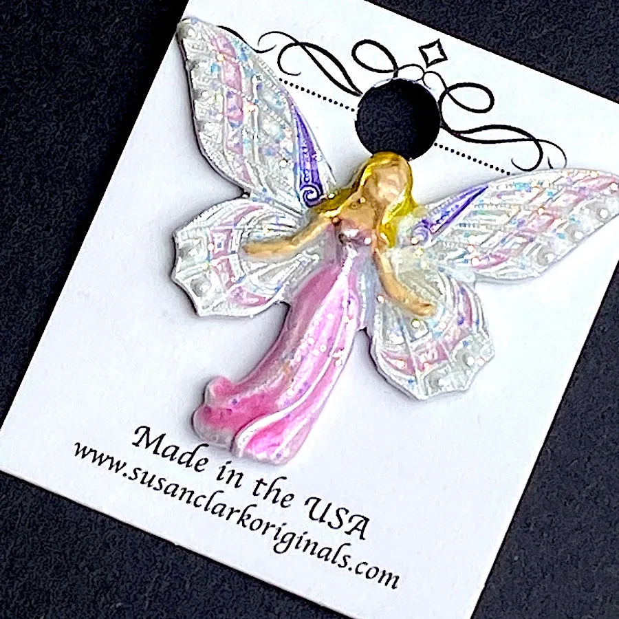 Fairy Mother in Sparkly Pink, Artisan Button Hand Painted by Susan Clarke, 1-1/2" Metal Shank Back