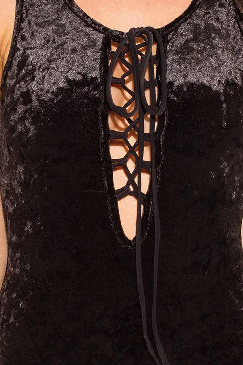 FINAL SALE-MYSTYLEMODE BLACK CRUSHED VELVET DEEP V NECK LACEUP SLEEVELESS BODYSUIT TOP