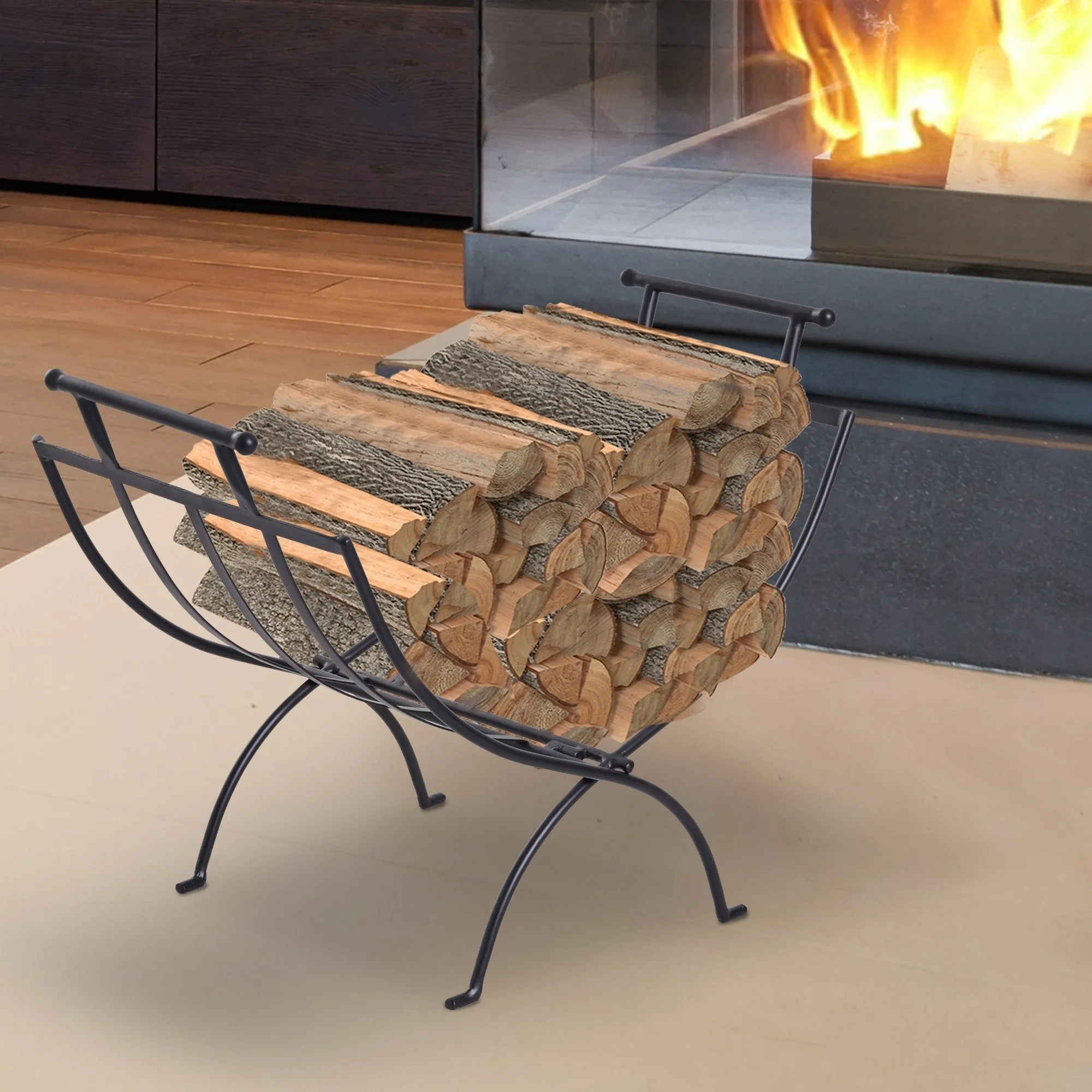 Folding Wood Log Holder Fireplace Storage Rack Matte Metal Elevated Indoor Outdoor 45x35cm Black