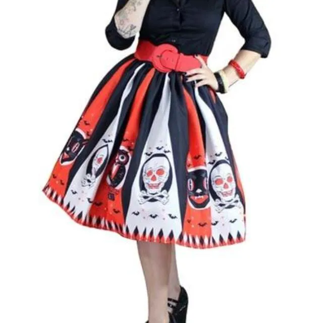 Gothic Skull Printed Pleated Long Skirt