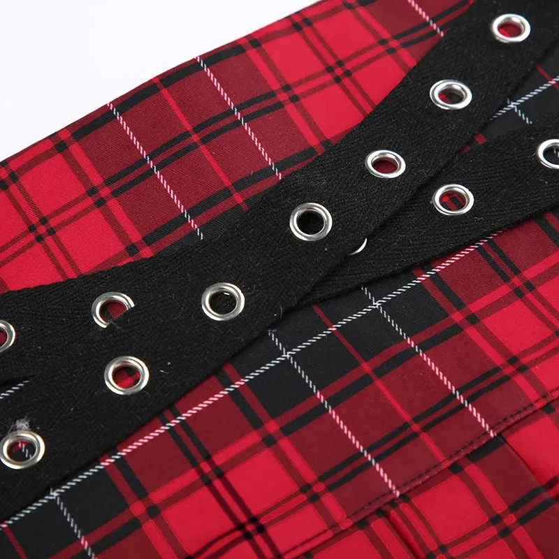 Gothic Spliced Eyelet Pleated Plaid Skirt