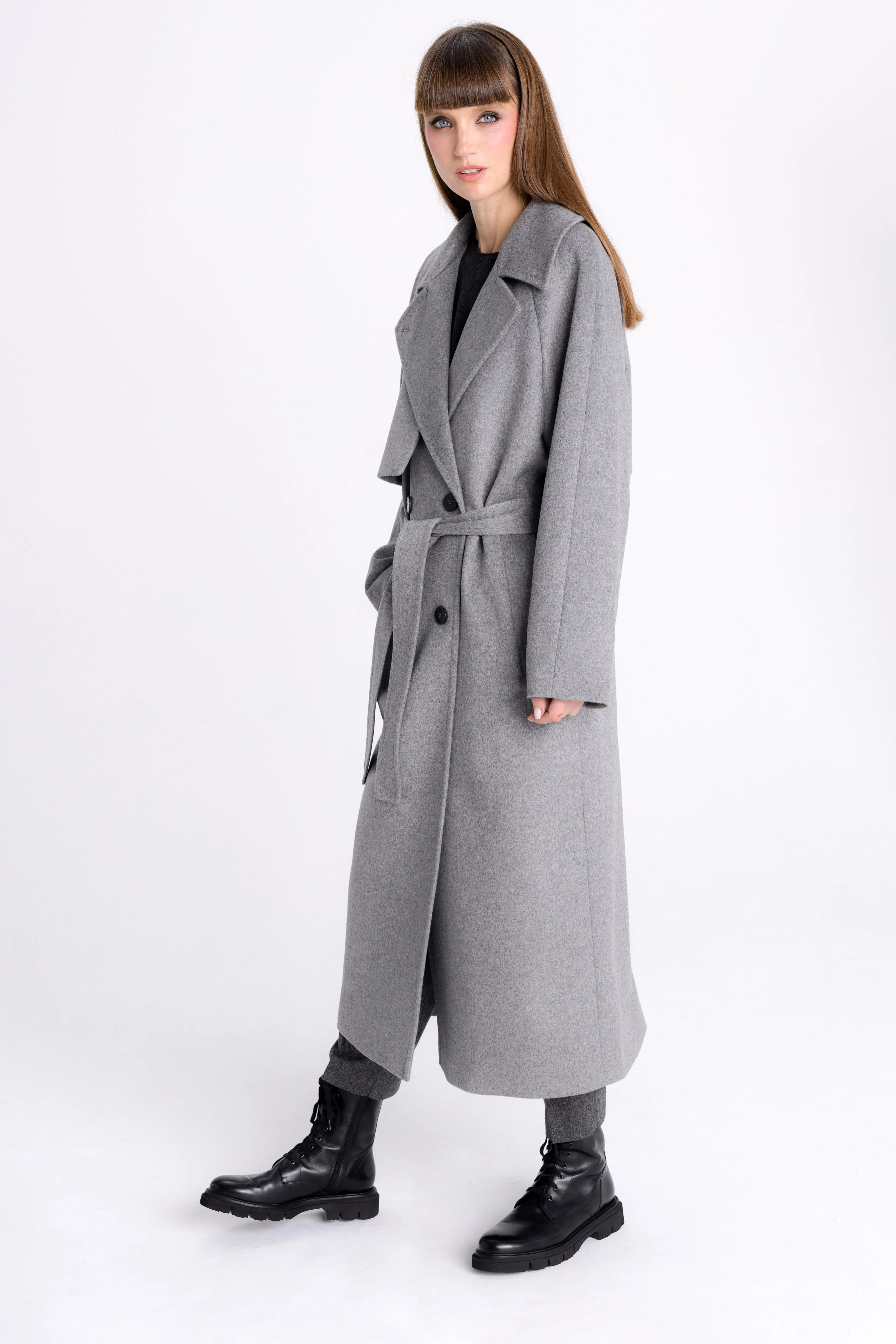 GREY DOUBLE-BREASTED COAT WITH BELT