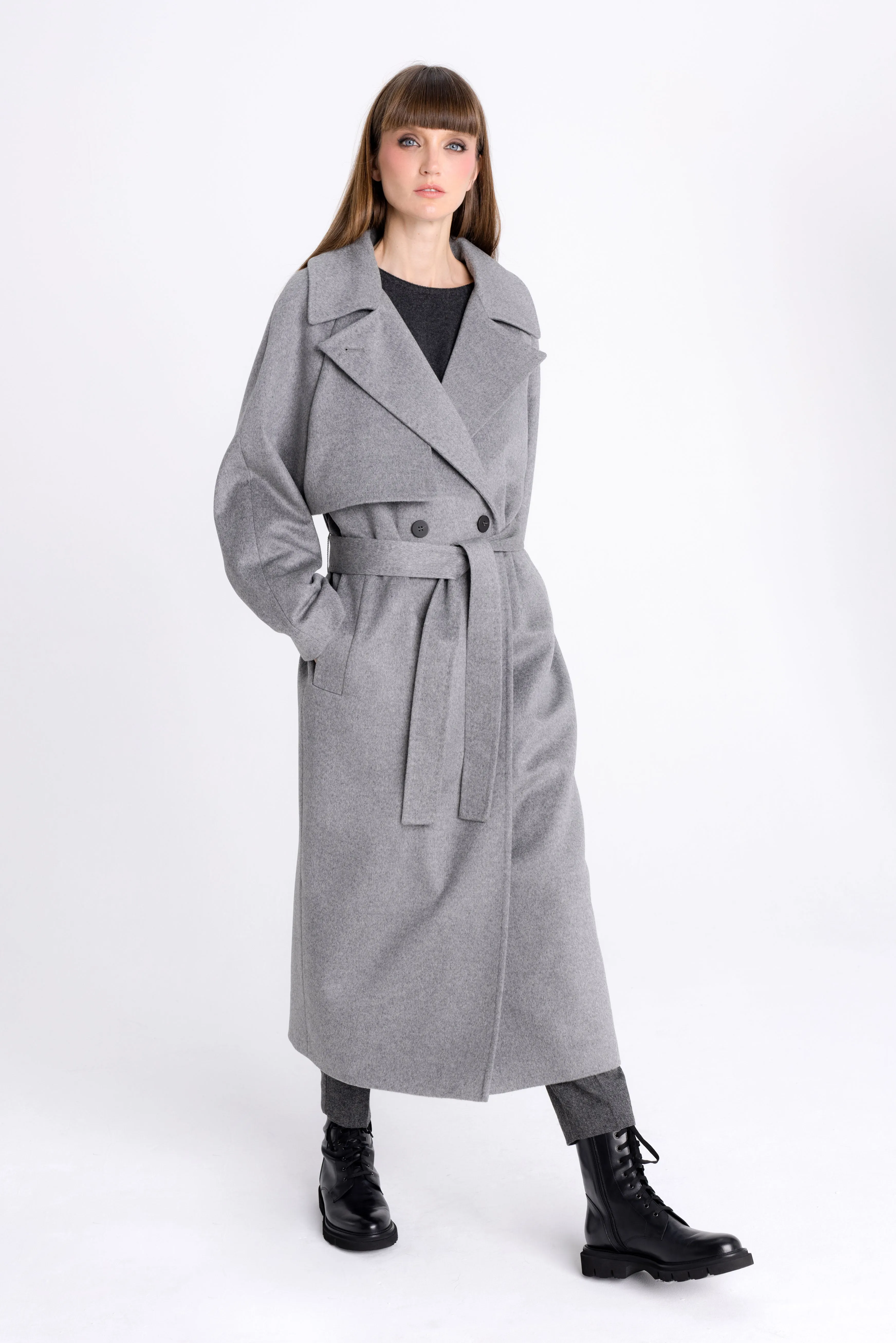 GREY DOUBLE-BREASTED COAT WITH BELT