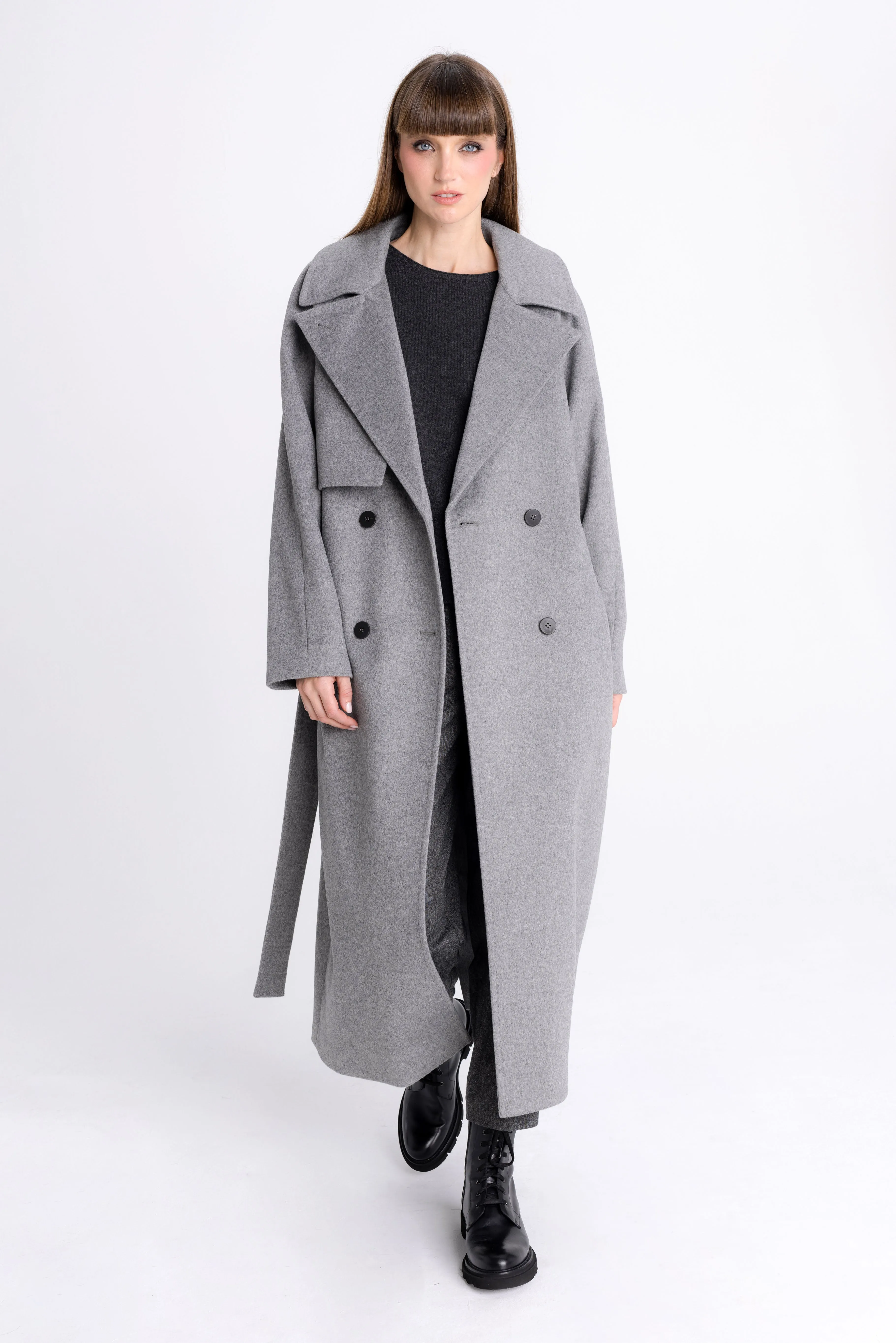 GREY DOUBLE-BREASTED COAT WITH BELT