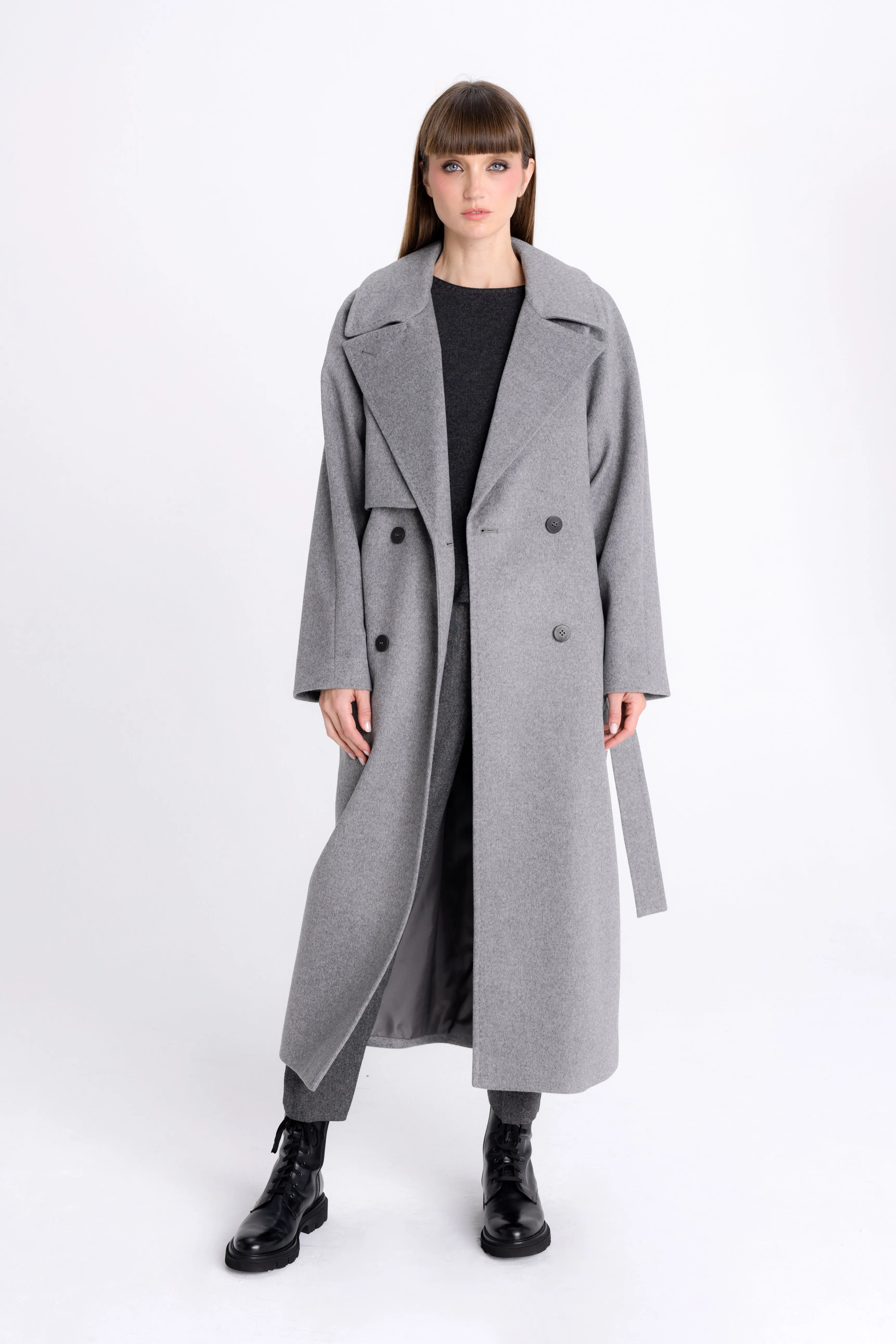 GREY DOUBLE-BREASTED COAT WITH BELT