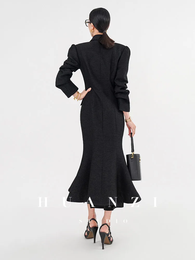 Huanzi vintage retro fishtail timeless classic long coat jacket - Micewo