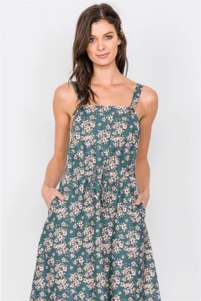 Hunter Green Cotton Button Tank Top Adjustable A-Line Midi Dress /1-2-2