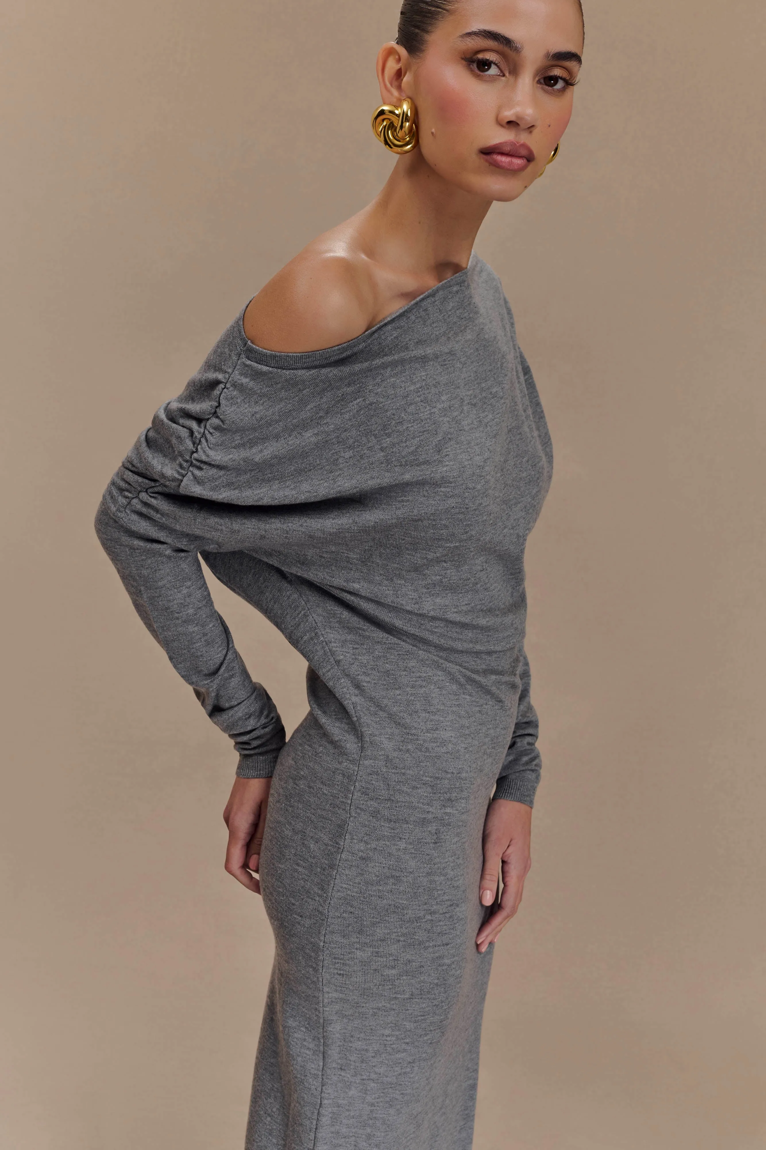 Jessie Cowl Neck Knit Midi Dress - Charcoal Marle