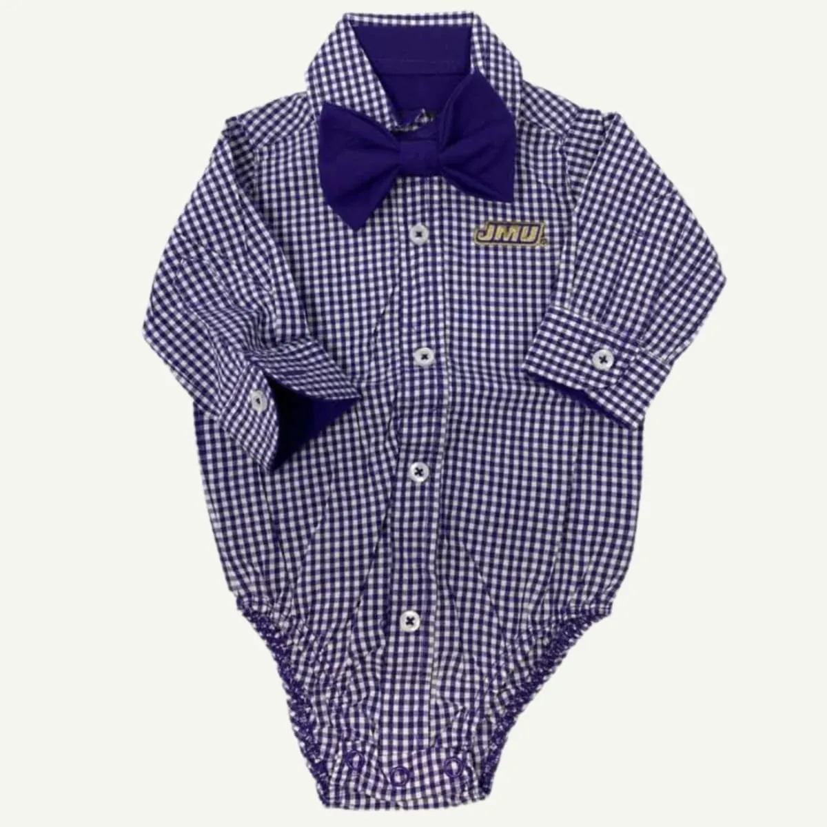 JMU Gingham Bodysuit with Purple Bow Tie