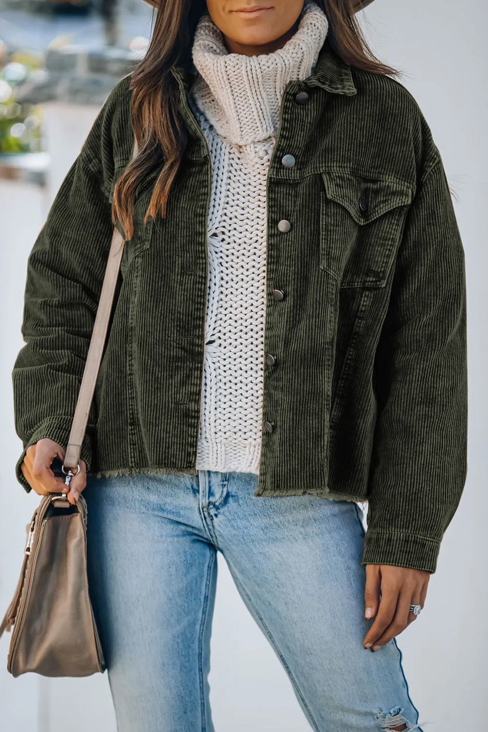 Khaki Corduroy Pocket Buttoned Jacket