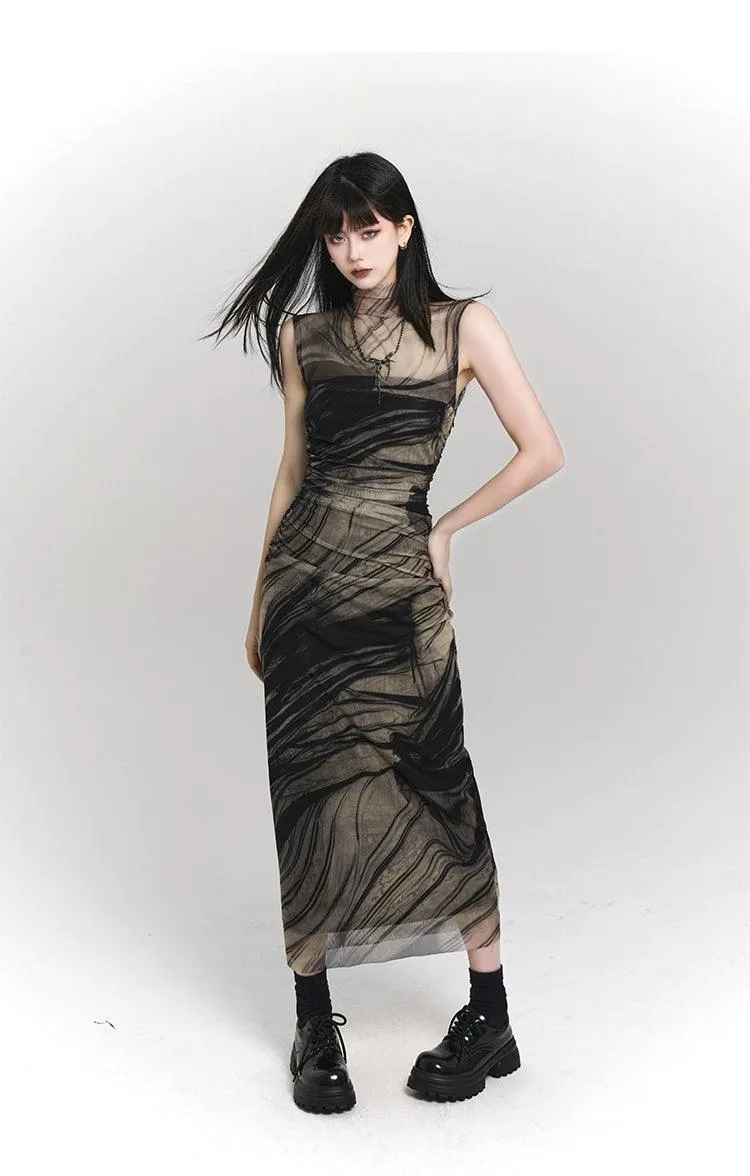 Ladyghost Smoke And Shadows Bodycon Maxi Dress - Women'S Sheer Mesh Layered Abstract Print Dress