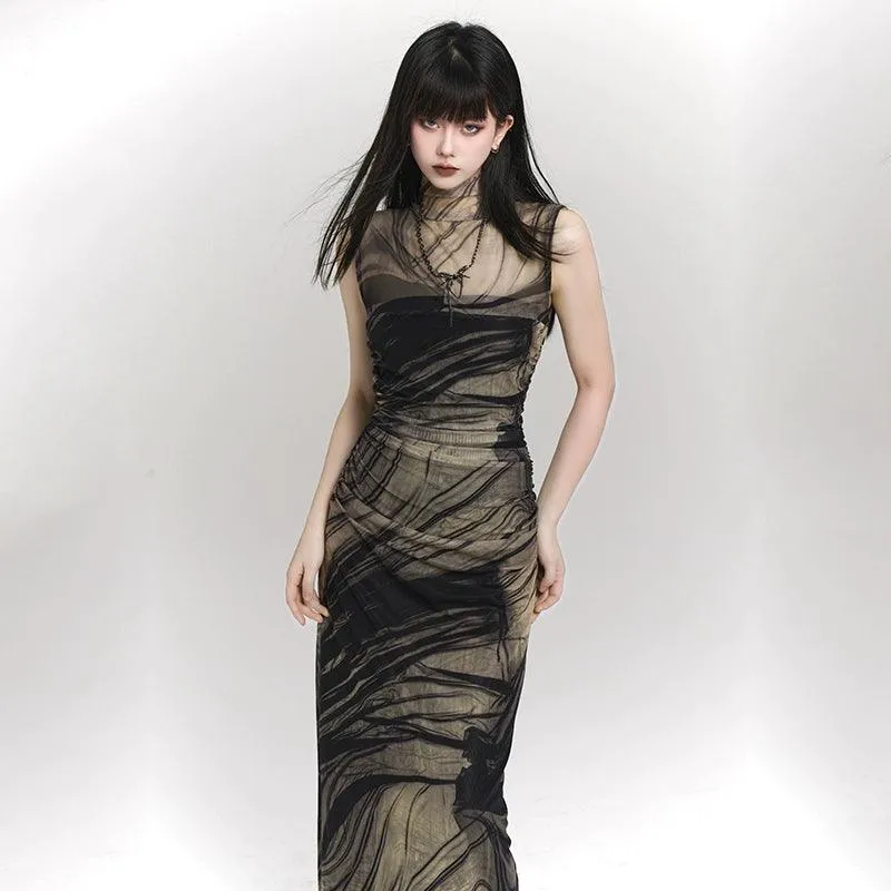 Ladyghost Smoke And Shadows Bodycon Maxi Dress - Women'S Sheer Mesh Layered Abstract Print Dress