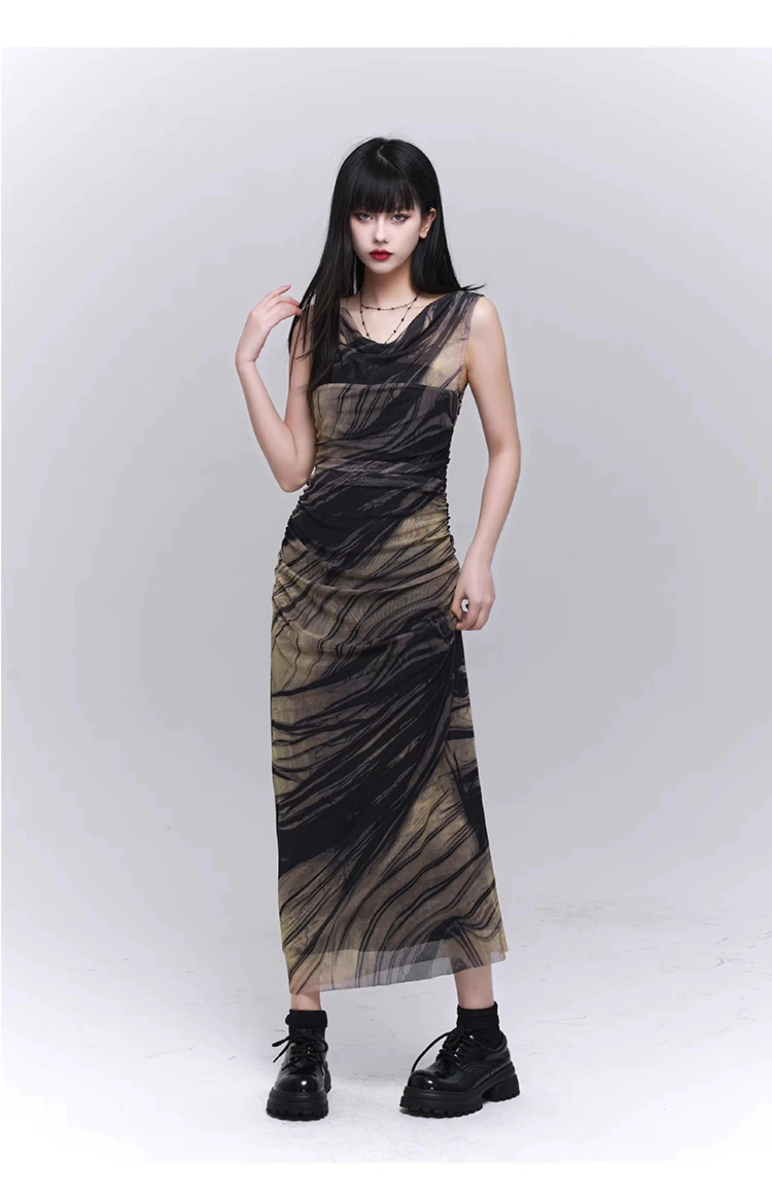 Ladyghost Smoke And Shadows Bodycon Maxi Dress - Women'S Sheer Mesh Layered Abstract Print Dress