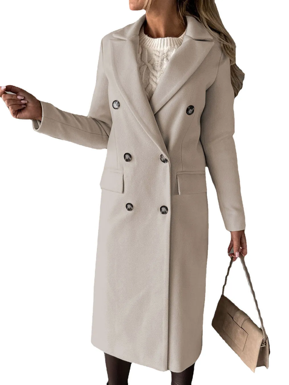 Long Sleeve Lapel Coat Solid color Double Breasted Slim Long women’s Coat