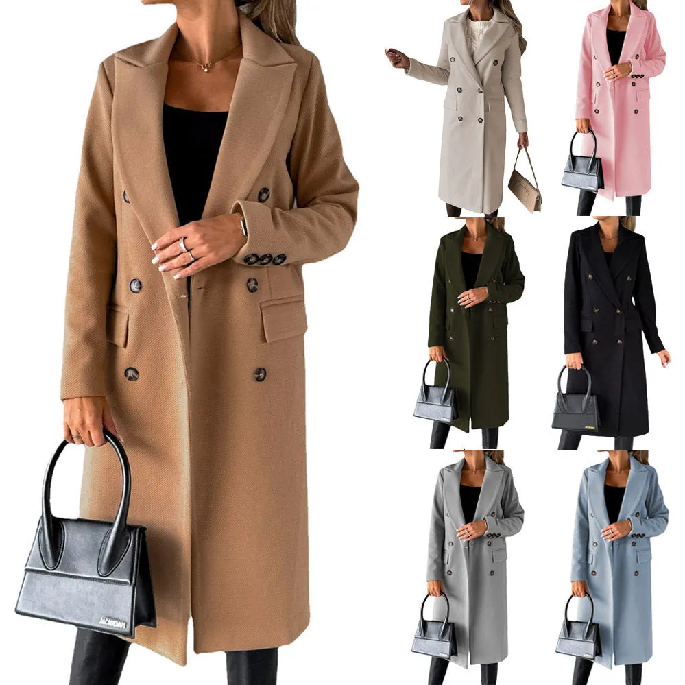 Long Sleeve Lapel Coat Solid color Double Breasted Slim Long women’s Coat