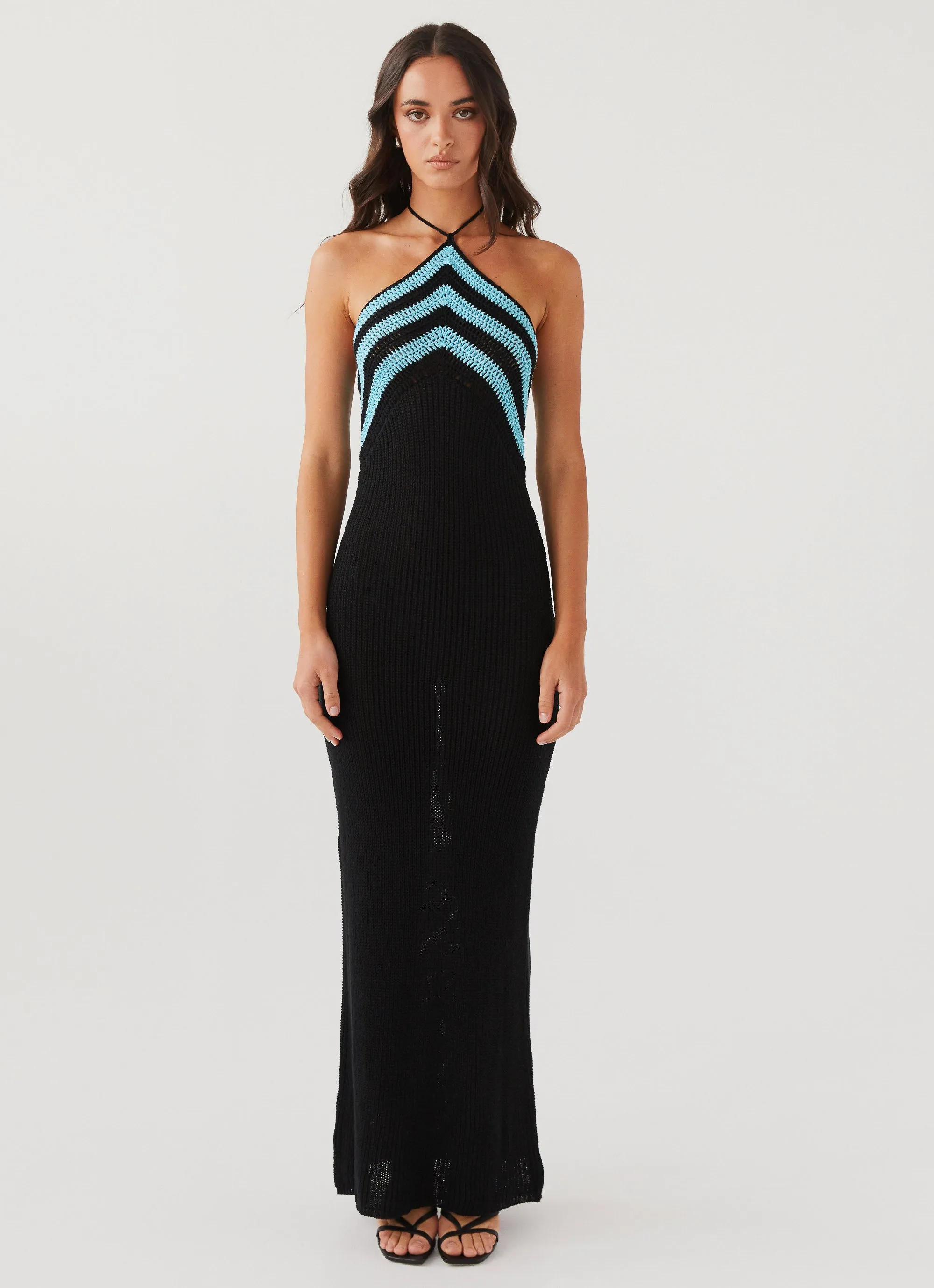 Masterpiece Halterneck Crochet Maxi Dress - Azure Stripe