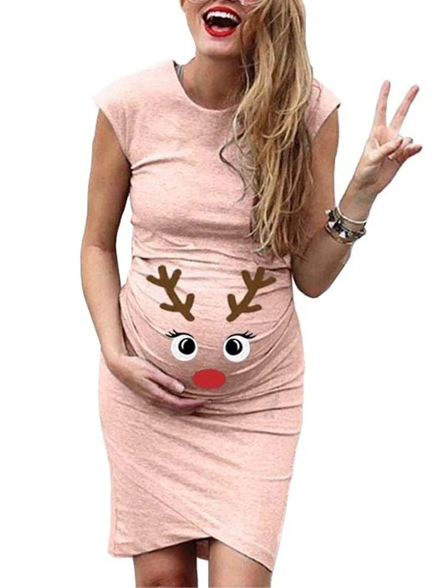 Maternity Elk Print Sleeveless Round Neck Dress