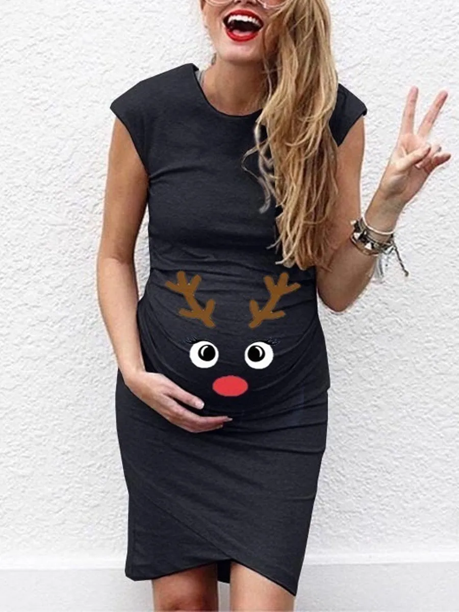 Maternity Elk Print Sleeveless Round Neck Dress