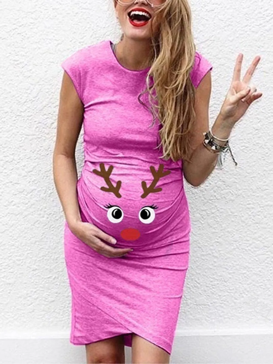 Maternity Elk Print Sleeveless Round Neck Dress