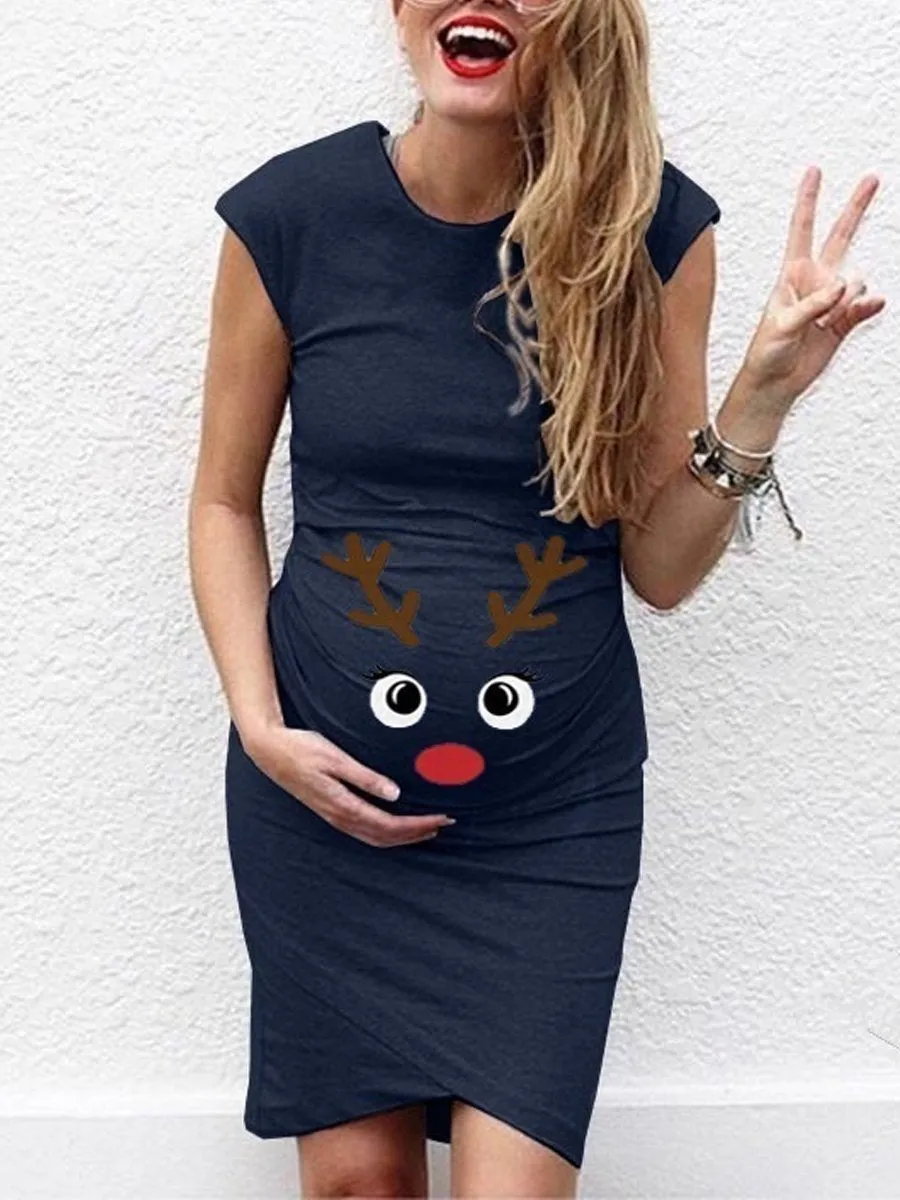 Maternity Elk Print Sleeveless Round Neck Dress