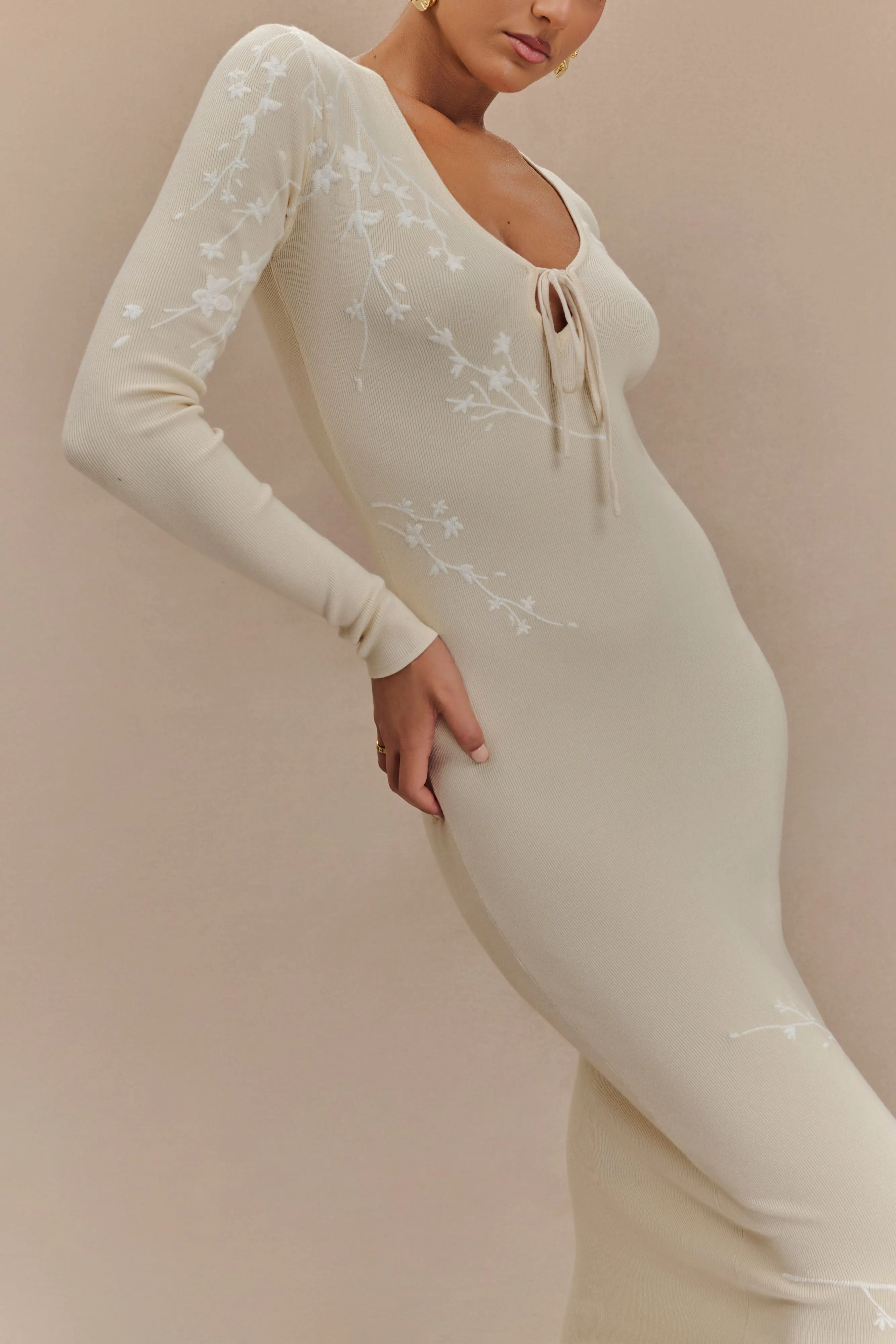 Mckenna Embroidered Knit Midi Dress - Cream And Ivory