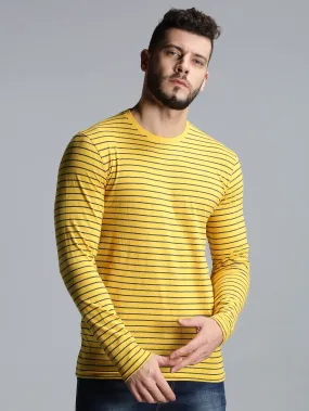 Men Yellow Navy Yarn Dyed Stripes Round Neck Recycled Cotton Full Sleeve Regular Fit Casual T-Shirt