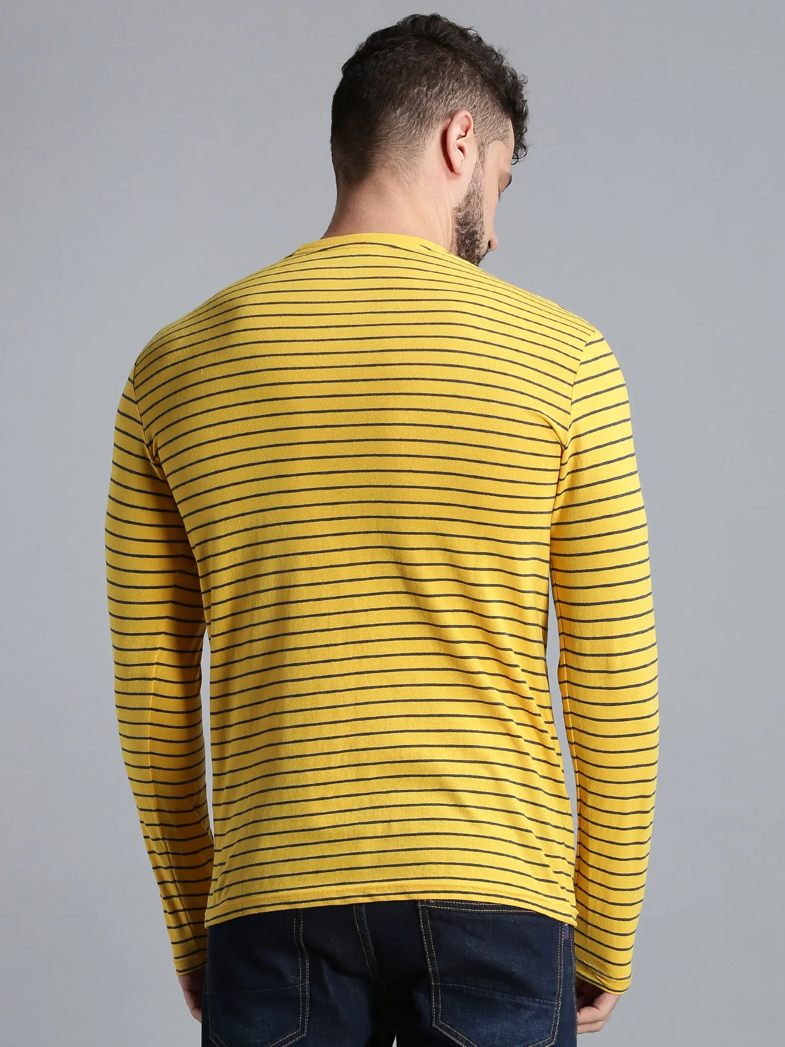 Men Yellow Navy Yarn Dyed Stripes Round Neck Recycled Cotton Full Sleeve Regular Fit Casual T-Shirt