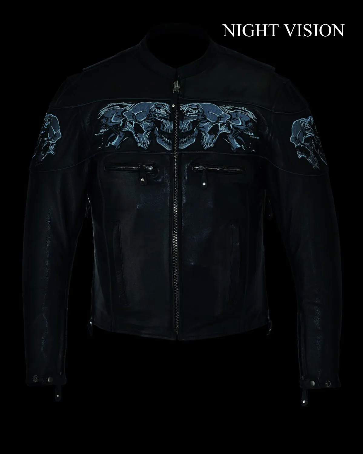 Mens Leather Jacket With Sleek Collar and Reflective Skulls & Gun Pockets Heavy Duty