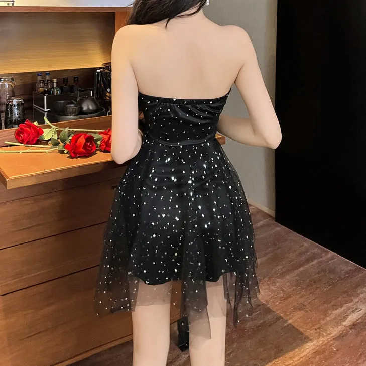 Mesh Diamond-Embellished Tube Top Puffy Dress