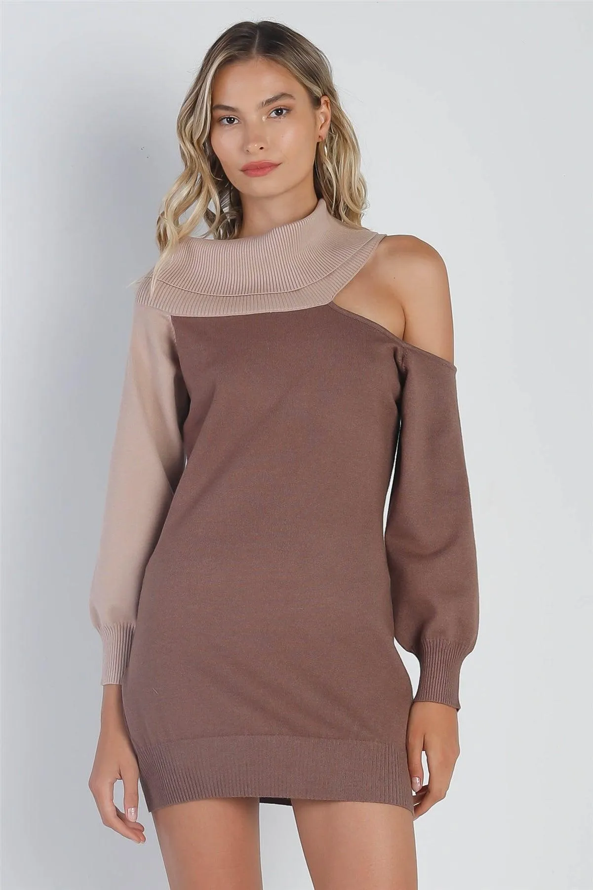 Mocha Beige Knit Turtle Neck Long Sleeve Mini Dress /3-2-1