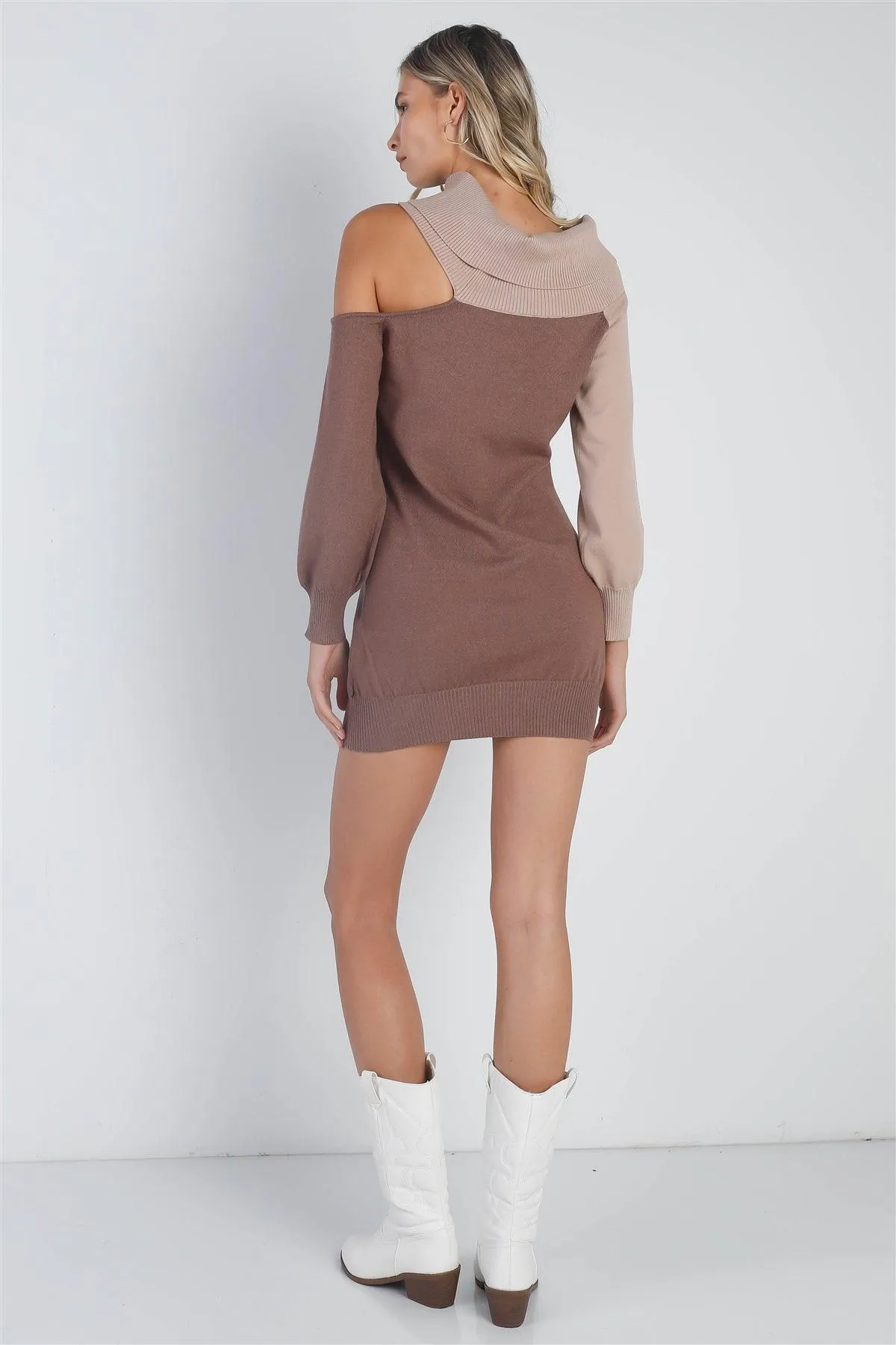 Mocha Beige Knit Turtle Neck Long Sleeve Mini Dress /3-2-1