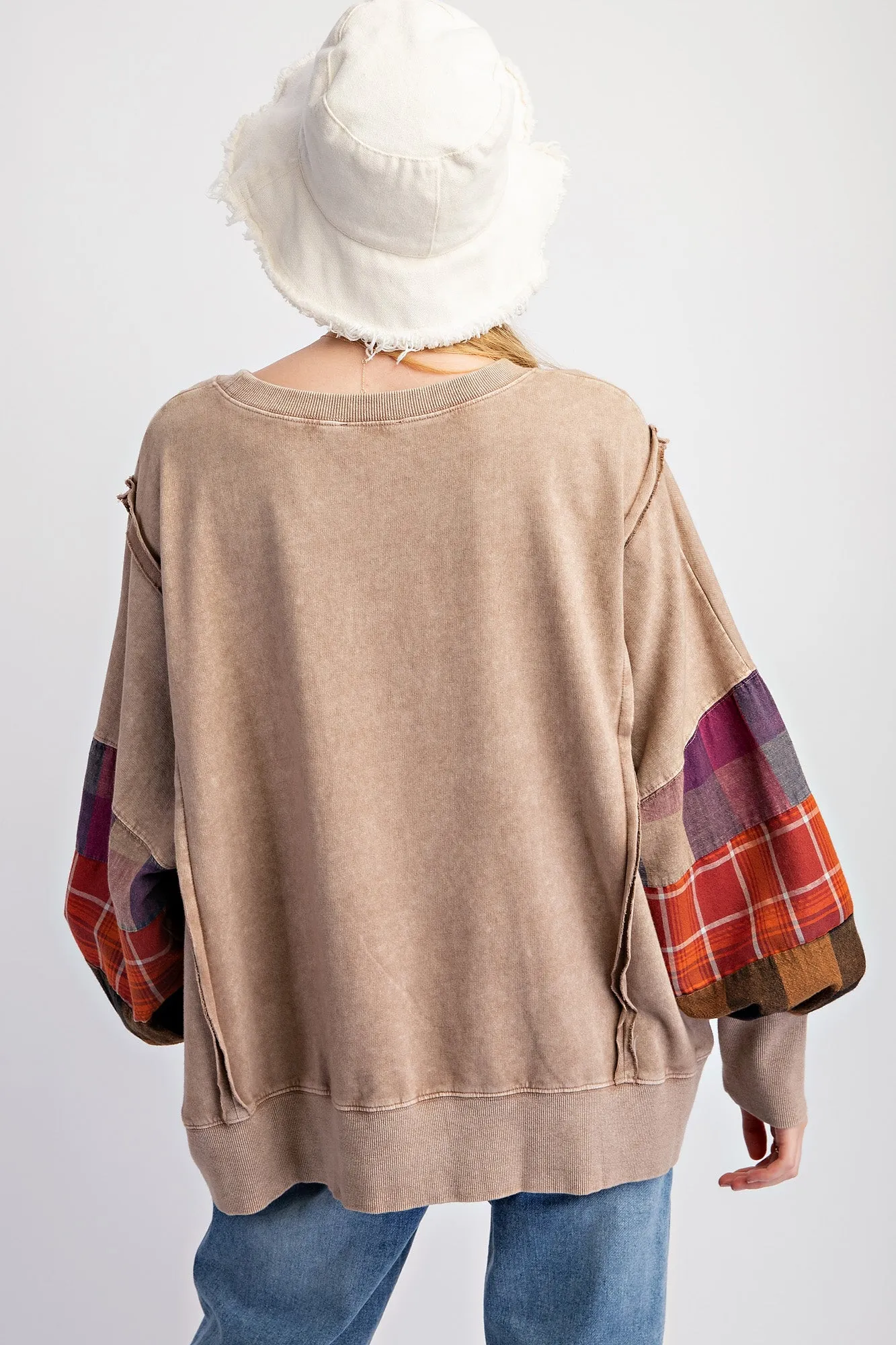 Mocha Plaid Patch Sleeve Sweatshirt - FINAL SALE