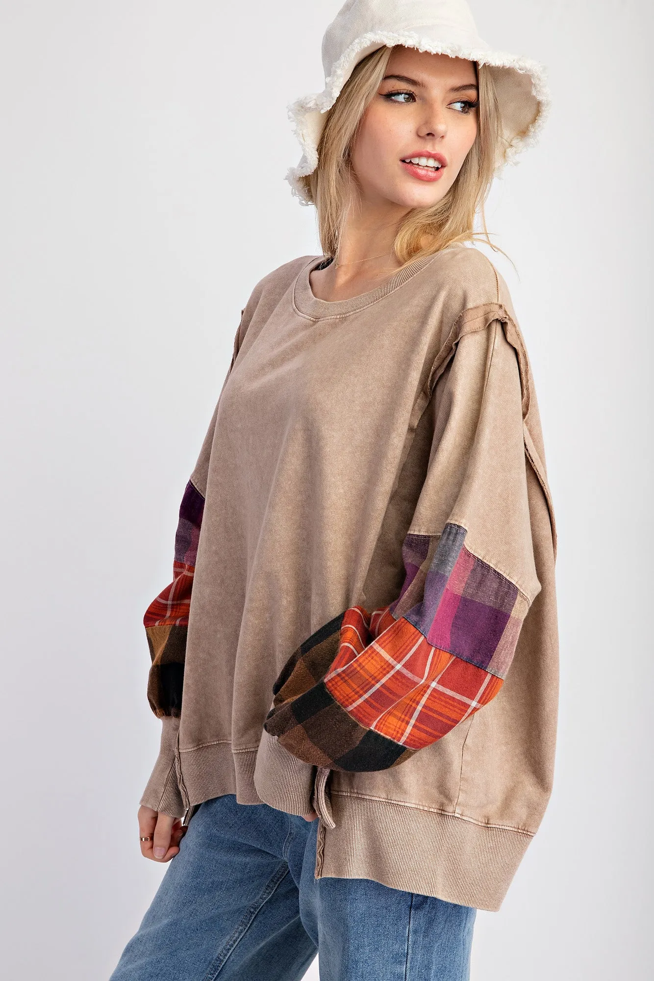 Mocha Plaid Patch Sleeve Sweatshirt - FINAL SALE