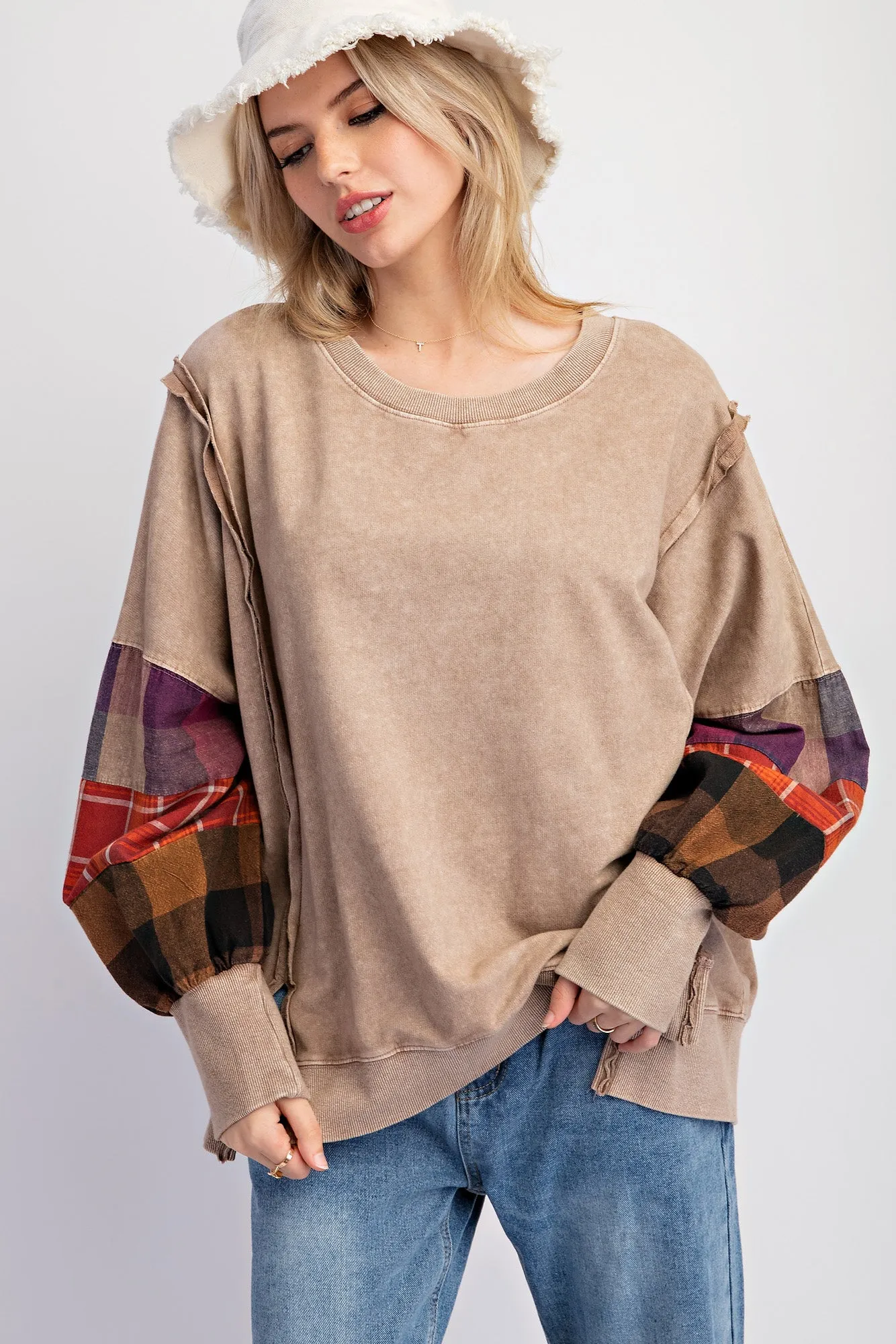 Mocha Plaid Patch Sleeve Sweatshirt - FINAL SALE