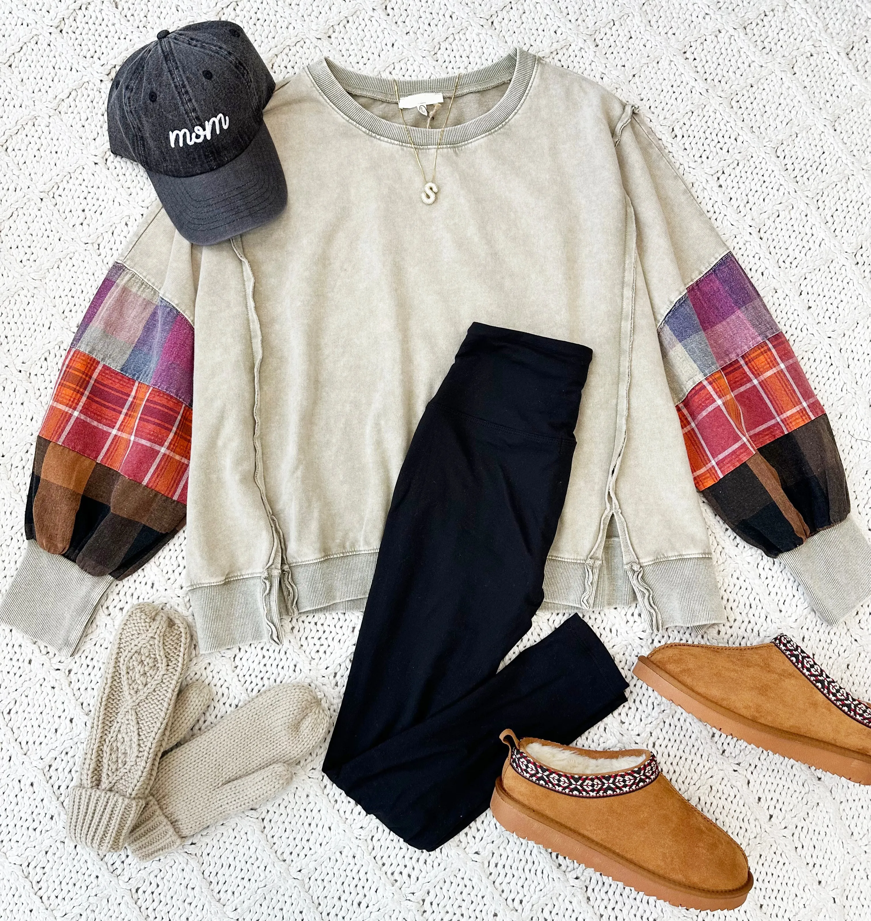 Mocha Plaid Patch Sleeve Sweatshirt - FINAL SALE