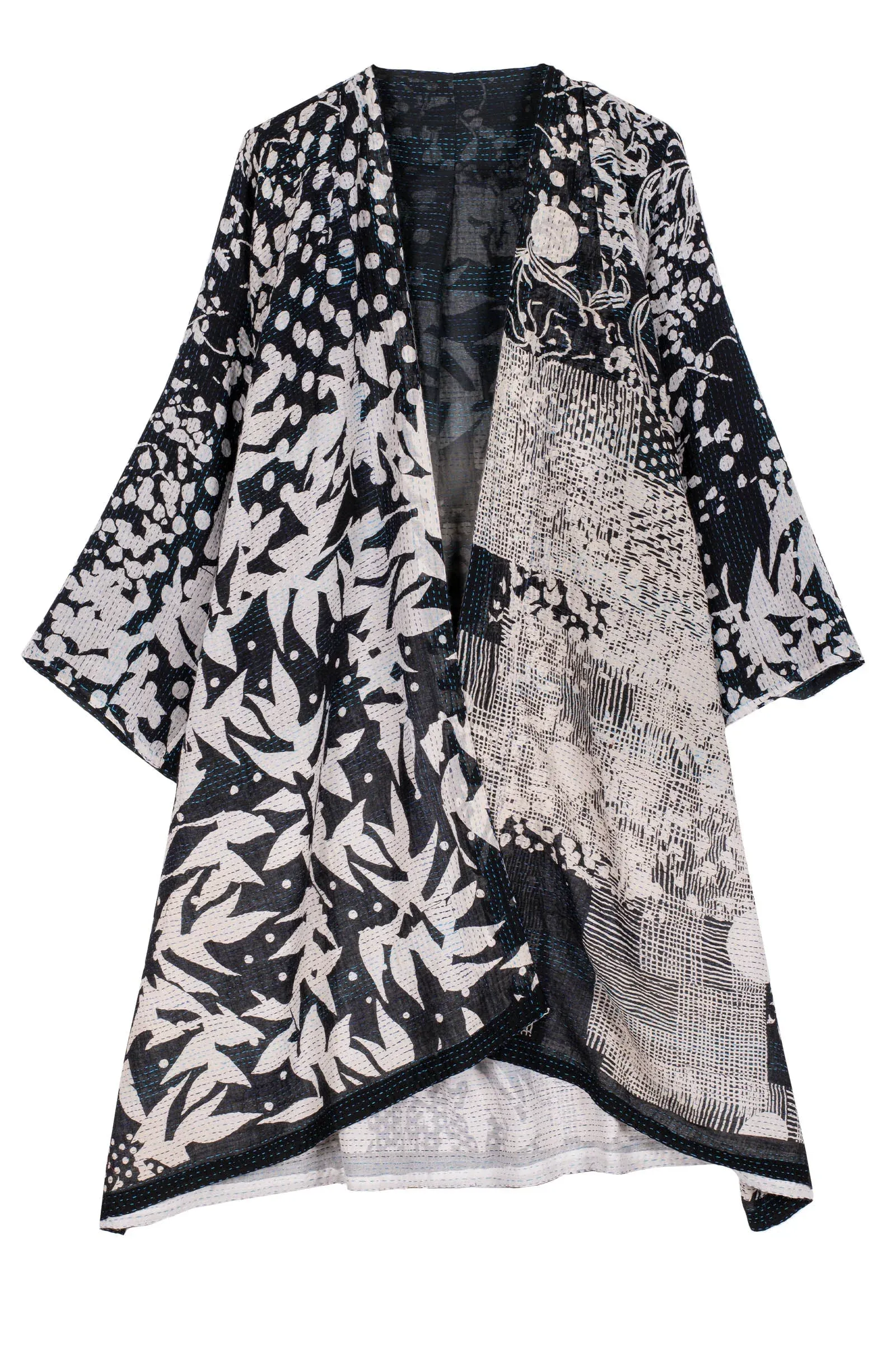 MONOTONE TWILIGHT PRINT KANTHA KIMONO DUSTER - tp2317-blk -