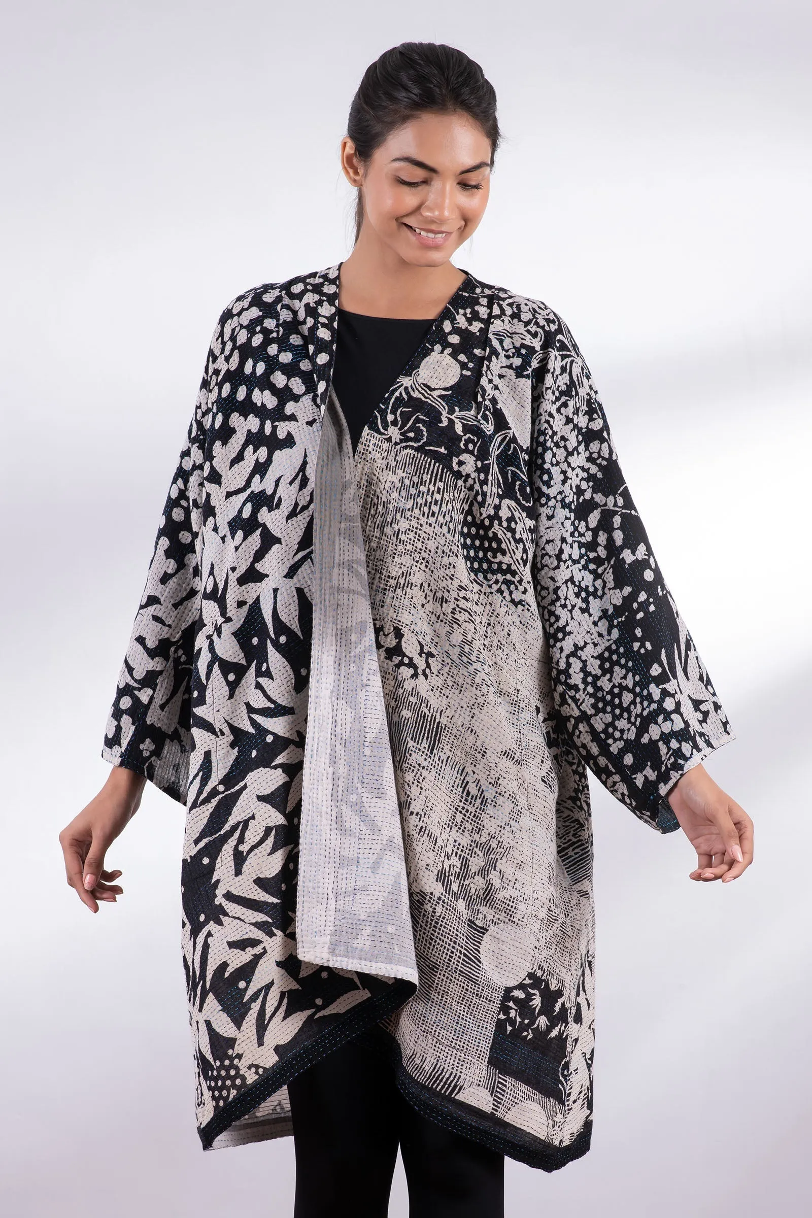 MONOTONE TWILIGHT PRINT KANTHA KIMONO DUSTER - tp2317-blk -