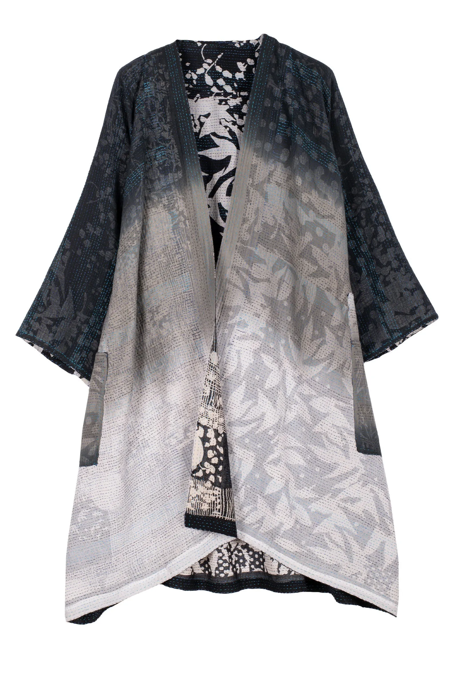 MONOTONE TWILIGHT PRINT KANTHA KIMONO DUSTER - tp2317-blk -