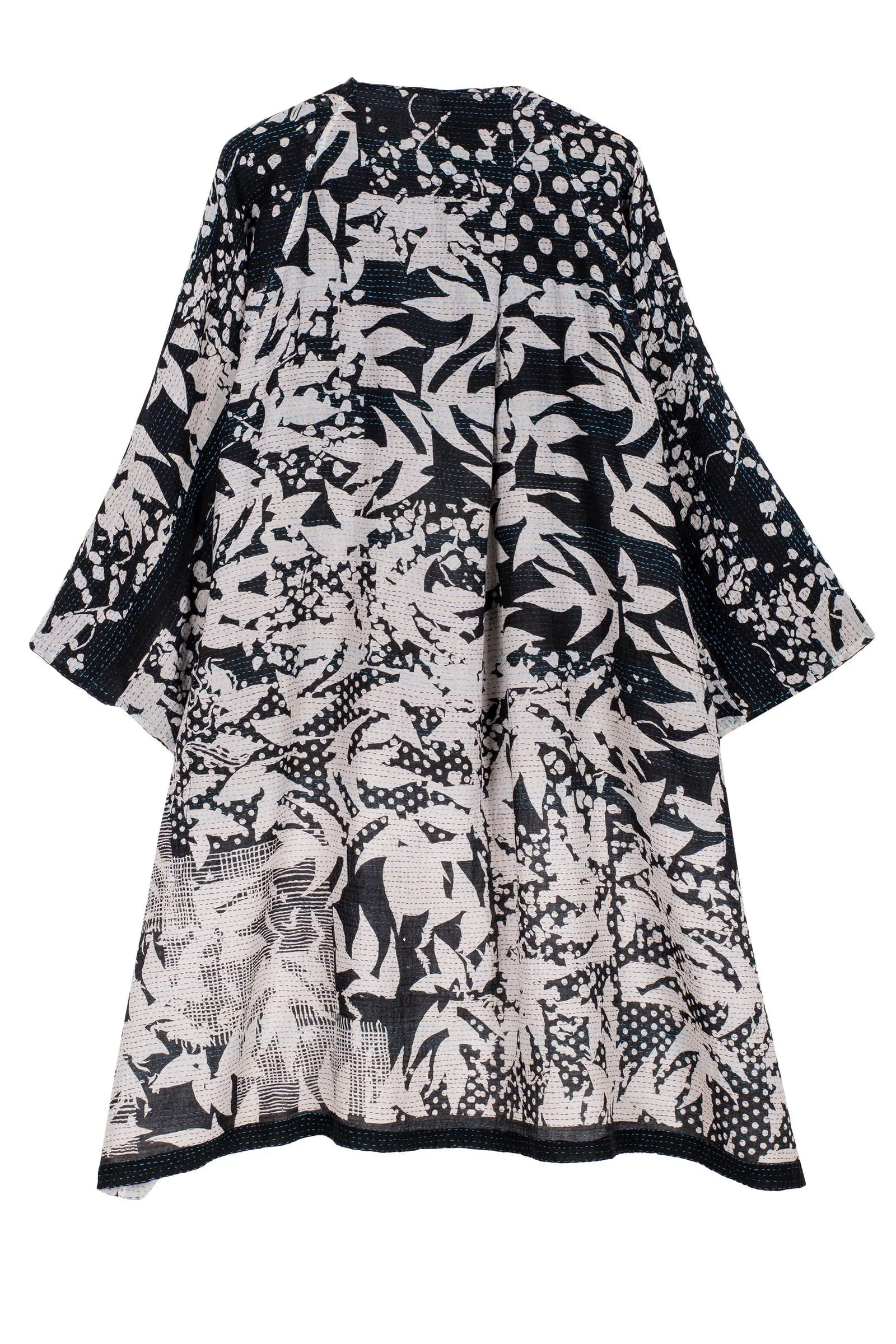 MONOTONE TWILIGHT PRINT KANTHA KIMONO DUSTER - tp2317-blk -