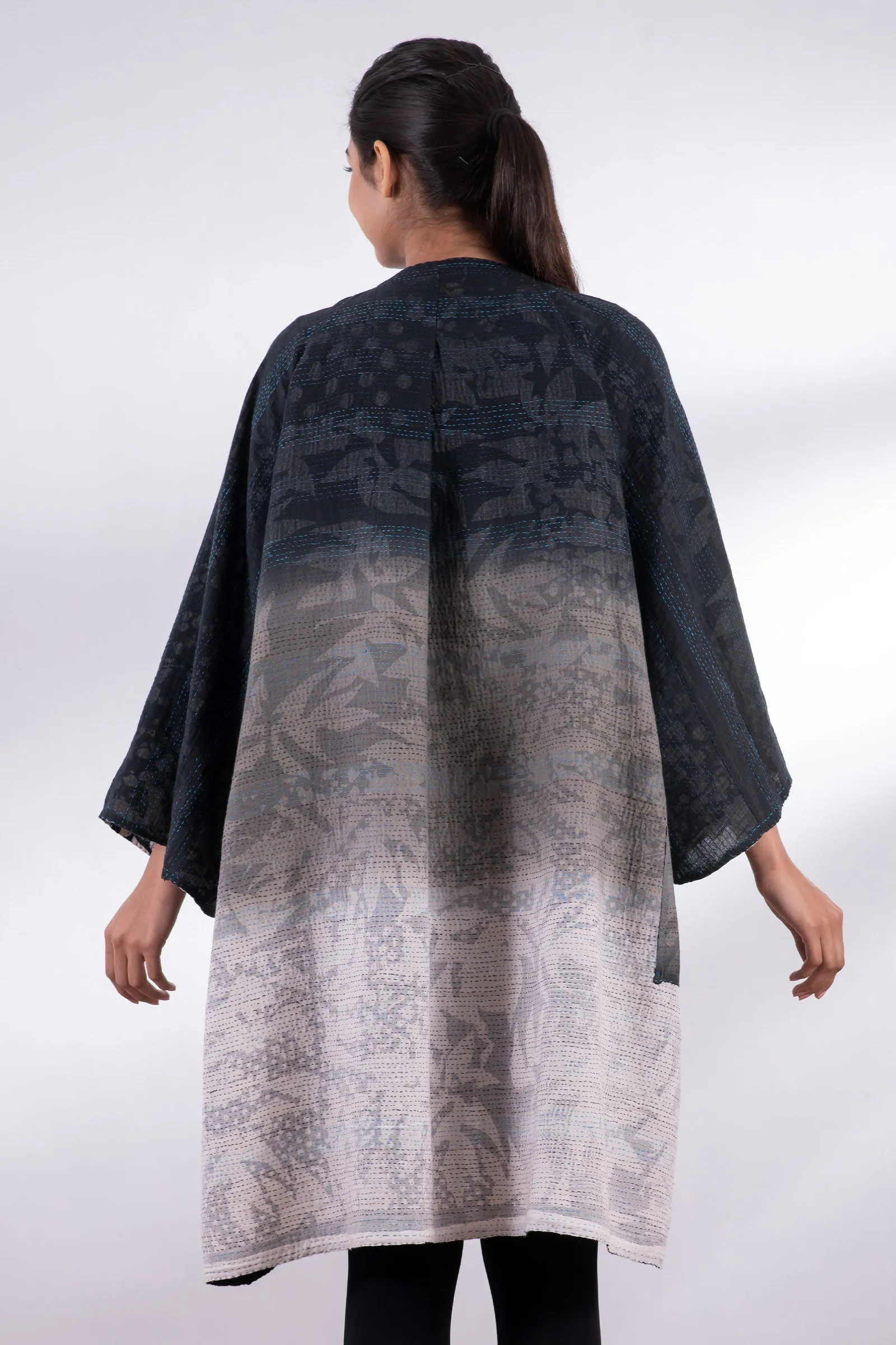 MONOTONE TWILIGHT PRINT KANTHA KIMONO DUSTER - tp2317-blk -