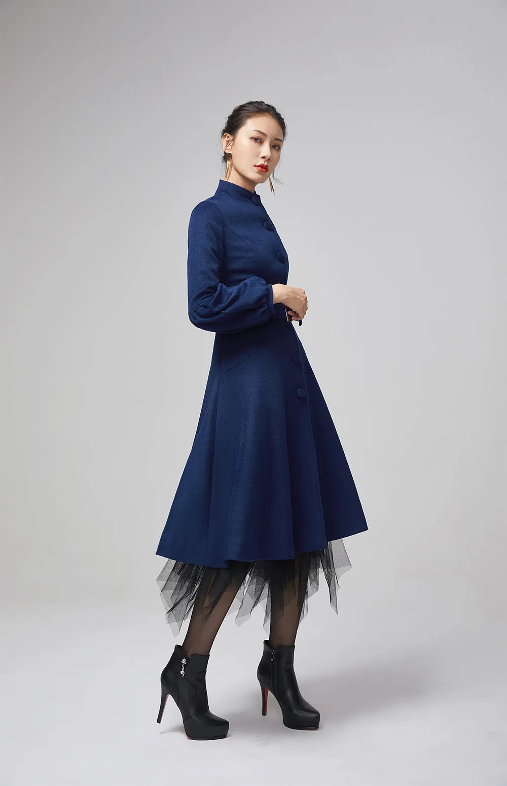 navy blue coat with lantern sleeves and stand up collar 2207