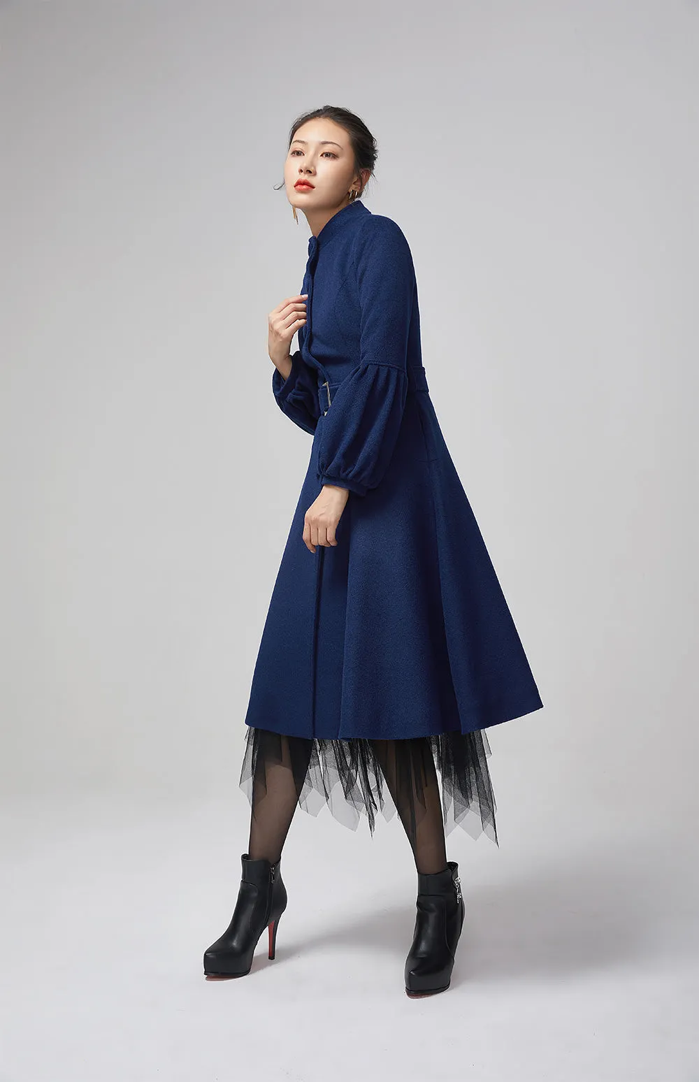 navy blue coat with lantern sleeves and stand up collar 2207