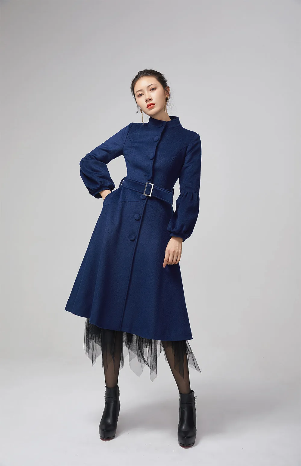 navy blue coat with lantern sleeves and stand up collar 2207