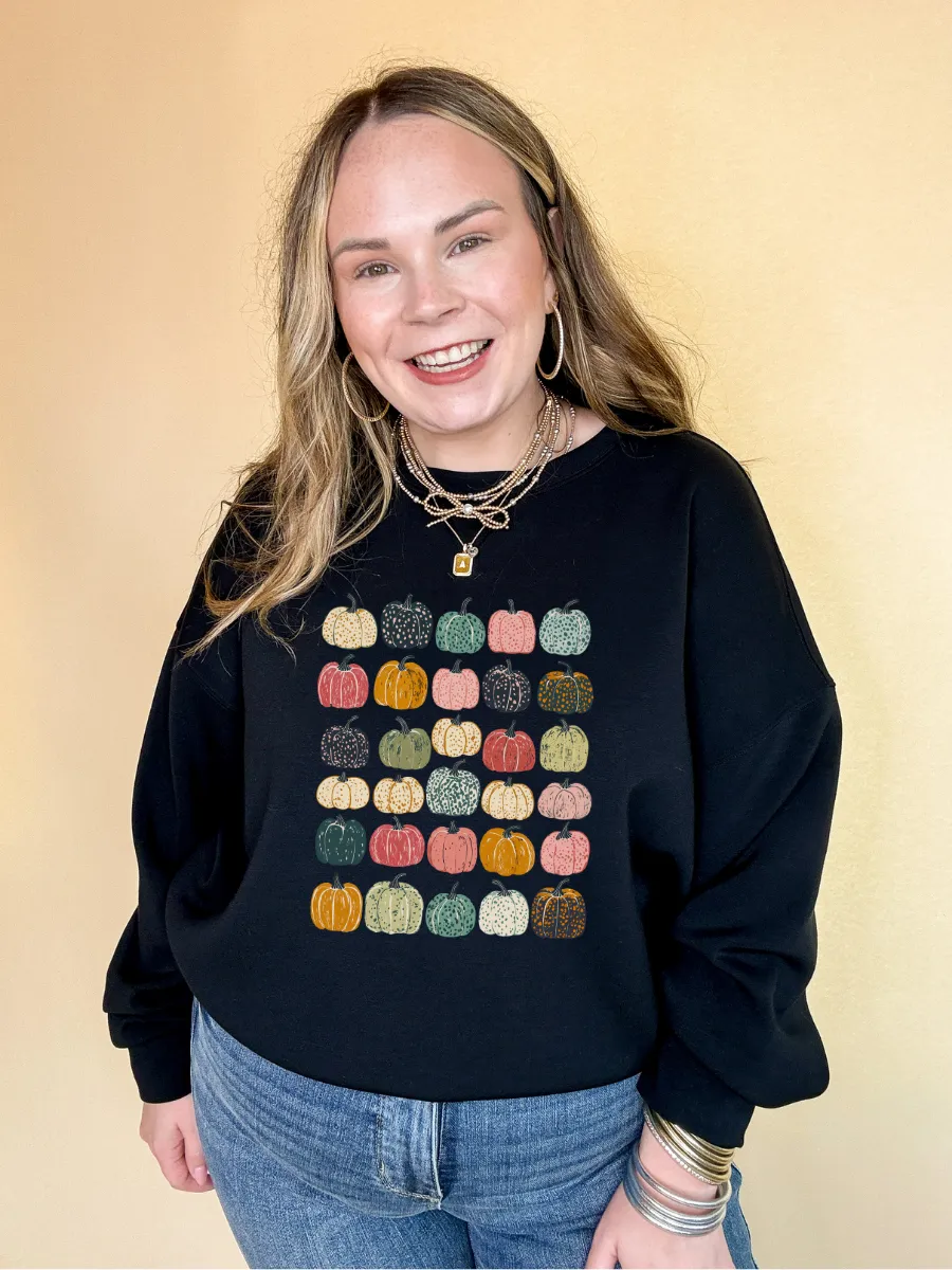 Online Exclusive | Pumpkin Overload tapestry of color and pattern Pumpkins Graphic Sweatshirt in Multiple Color Options