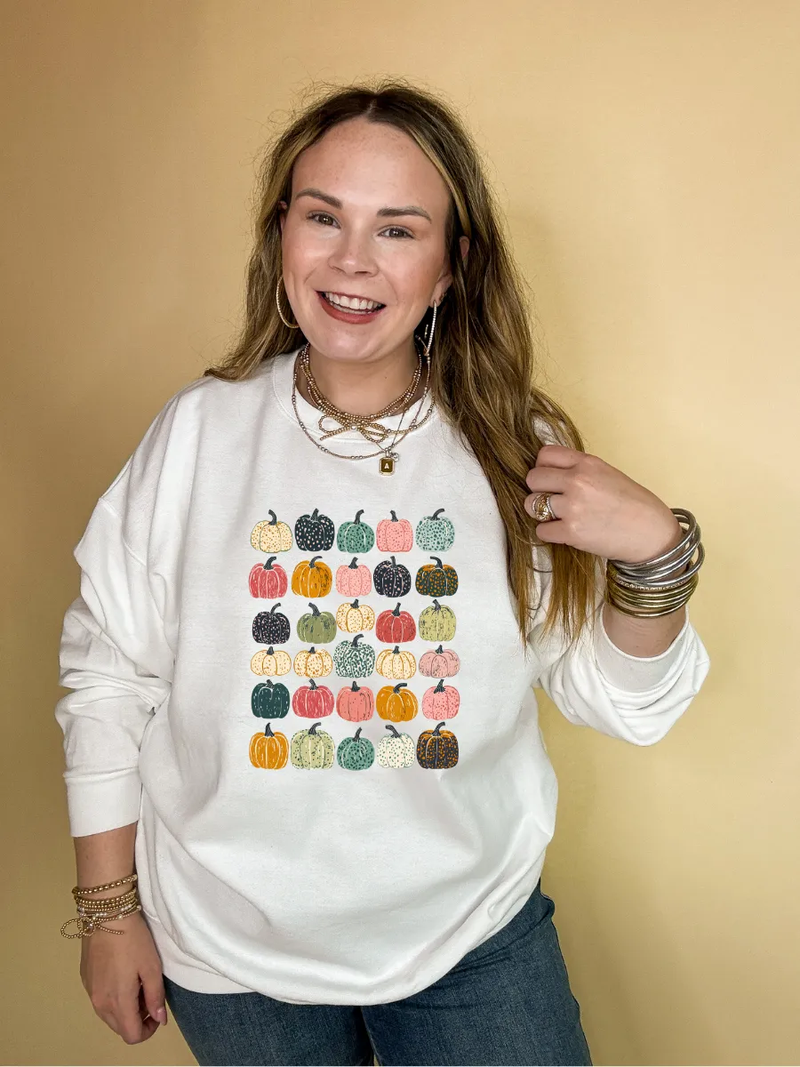 Online Exclusive | Pumpkin Overload tapestry of color and pattern Pumpkins Graphic Sweatshirt in Multiple Color Options