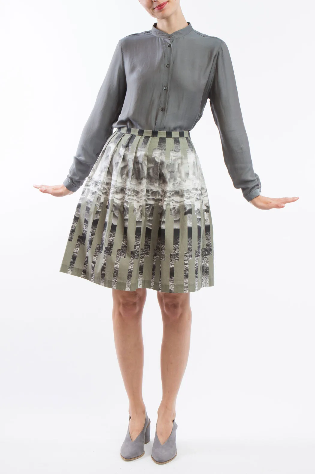 Pleated Skirt  Green Grey Ice  Print