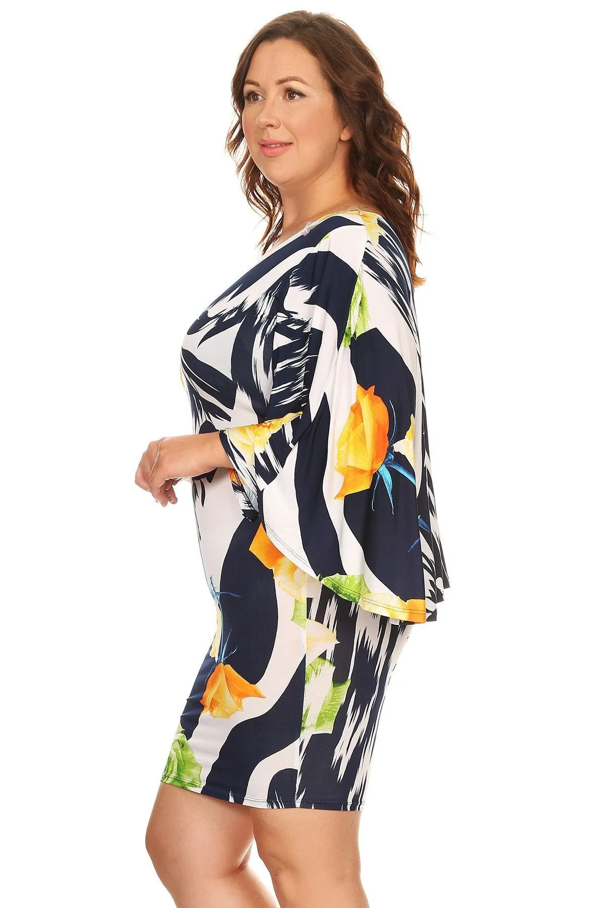 Plus Size Cape Detail Floral printed V-Neck Bodycon Dress