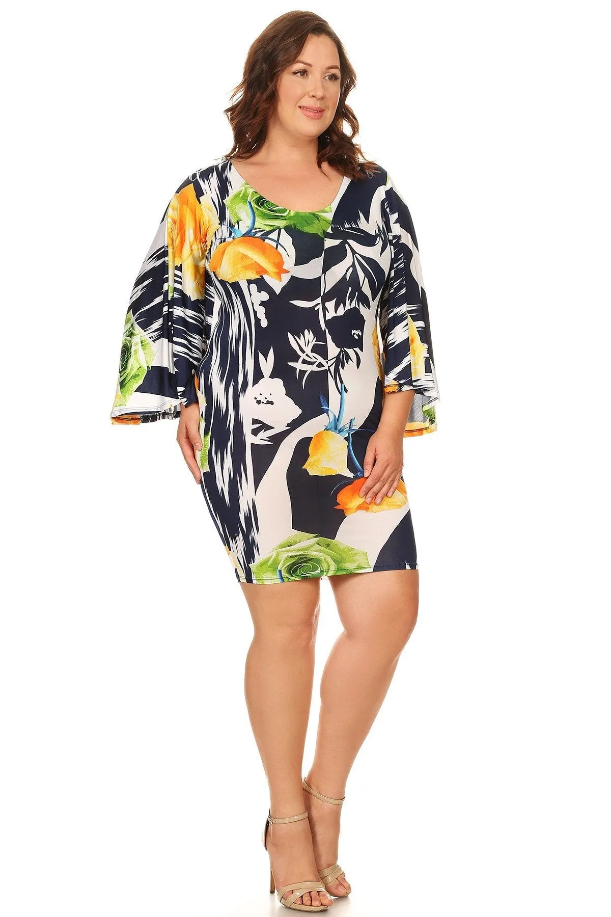 Plus Size Cape Detail Floral printed V-Neck Bodycon Dress