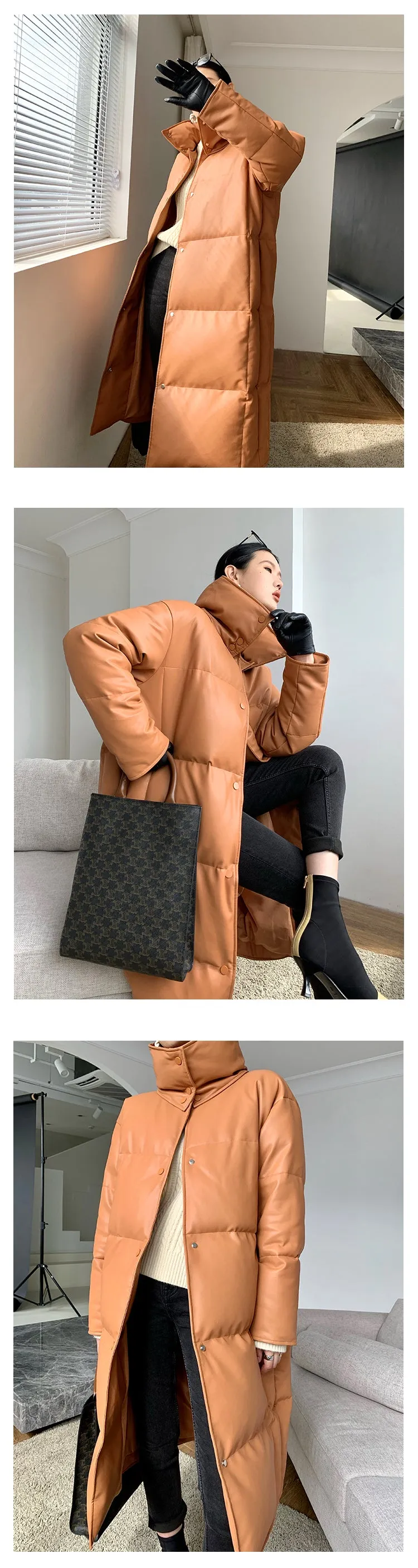 PU Leather long plus down jacket coat - Kabara Orange Sunset