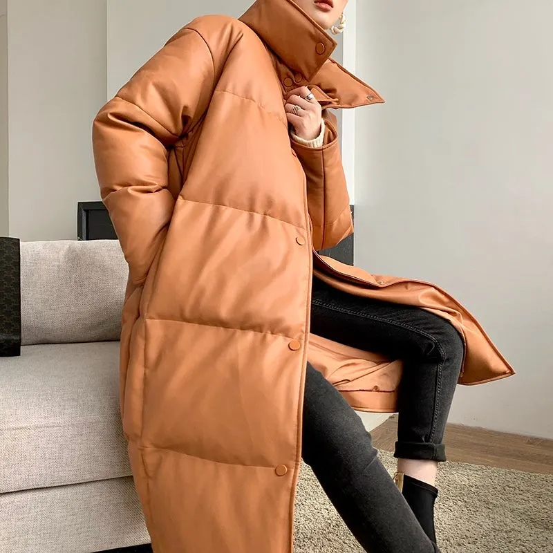 PU Leather long plus down jacket coat - Kabara Orange Sunset